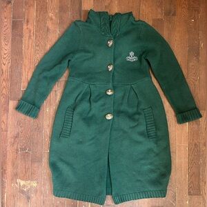 Green Long Sleeve Wool Cardigan Dress with Hood and Button Details